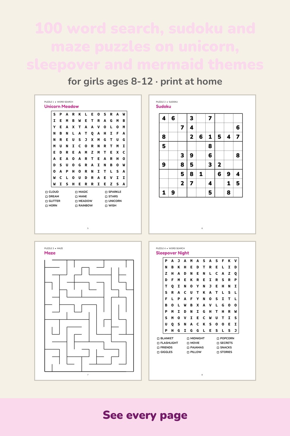 Pages inside Activity Book for Girls Ages 8-12