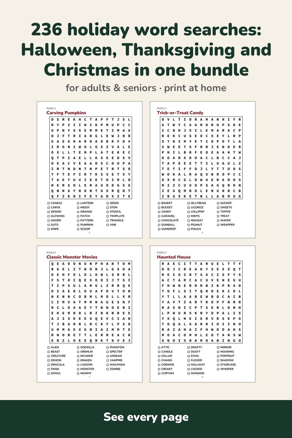 Pages inside 236 Holiday Word Search Puzzles