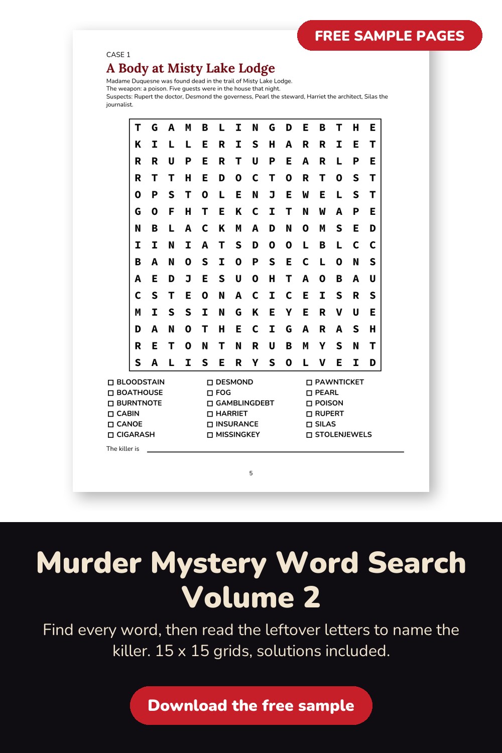 Sample page from Murder Mystery Word Search Volume 2