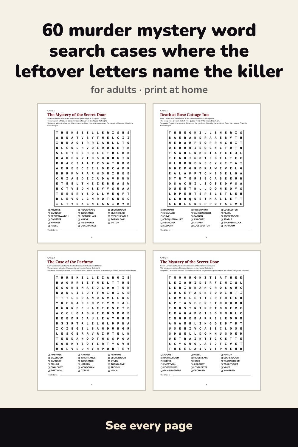 Pages inside Murder Mystery Word Search