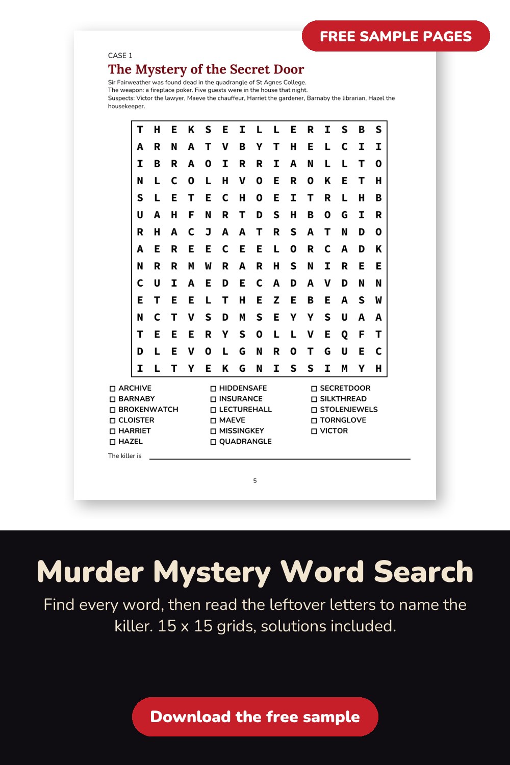 Sample page from Murder Mystery Word Search