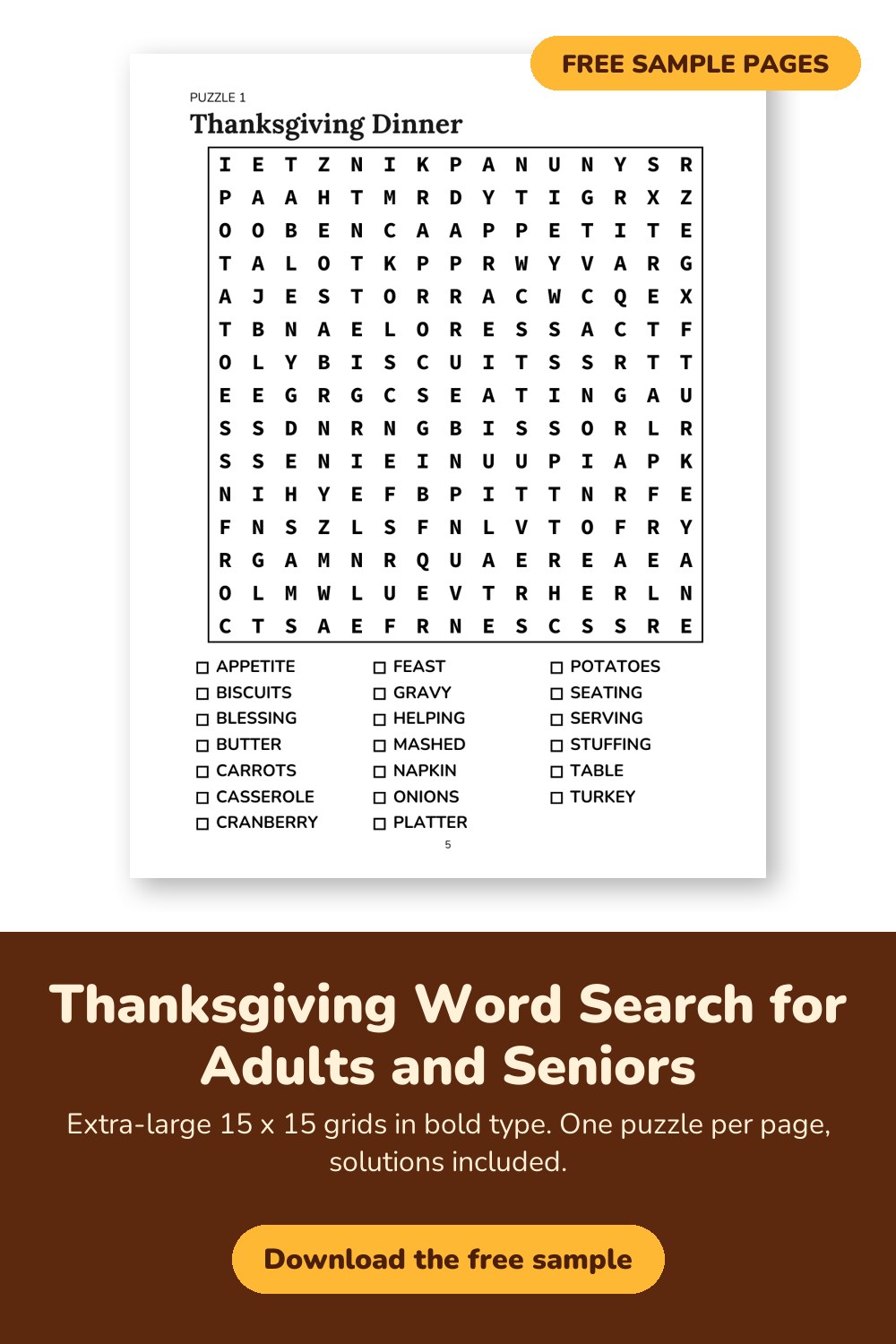 Sample page from Thanksgiving Word Search for Adults and Seniors